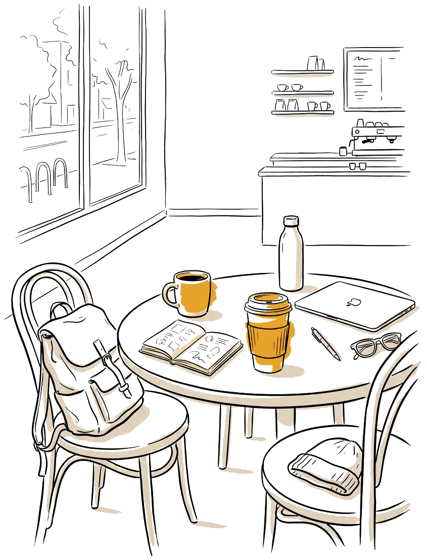 Coffee shop, laptop, coffee