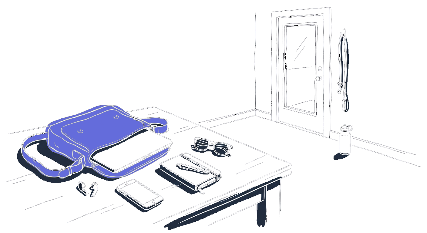 Bag, tech items, doorway