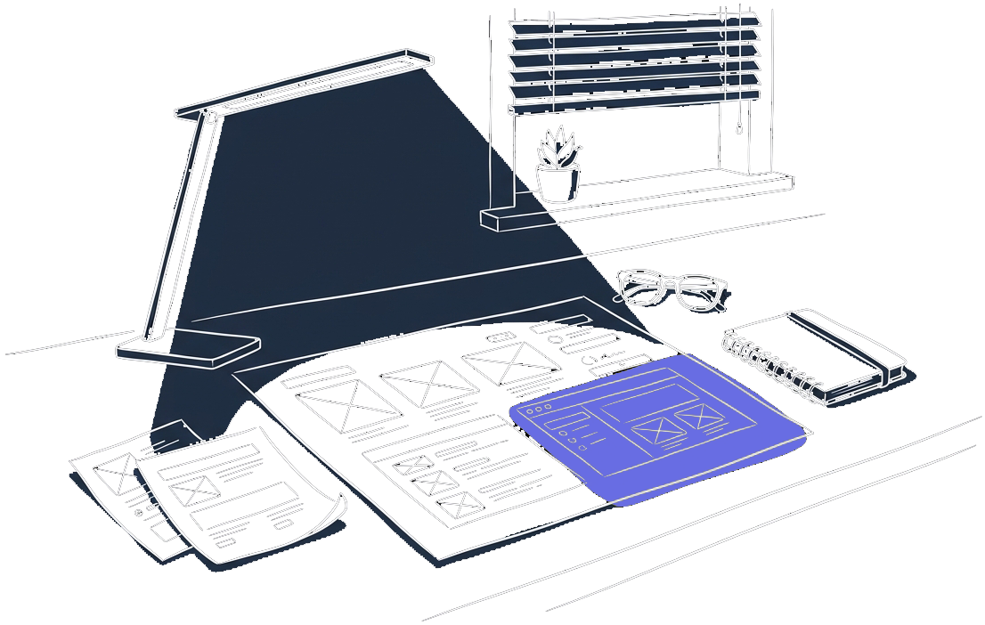 Desk, wireframes, night