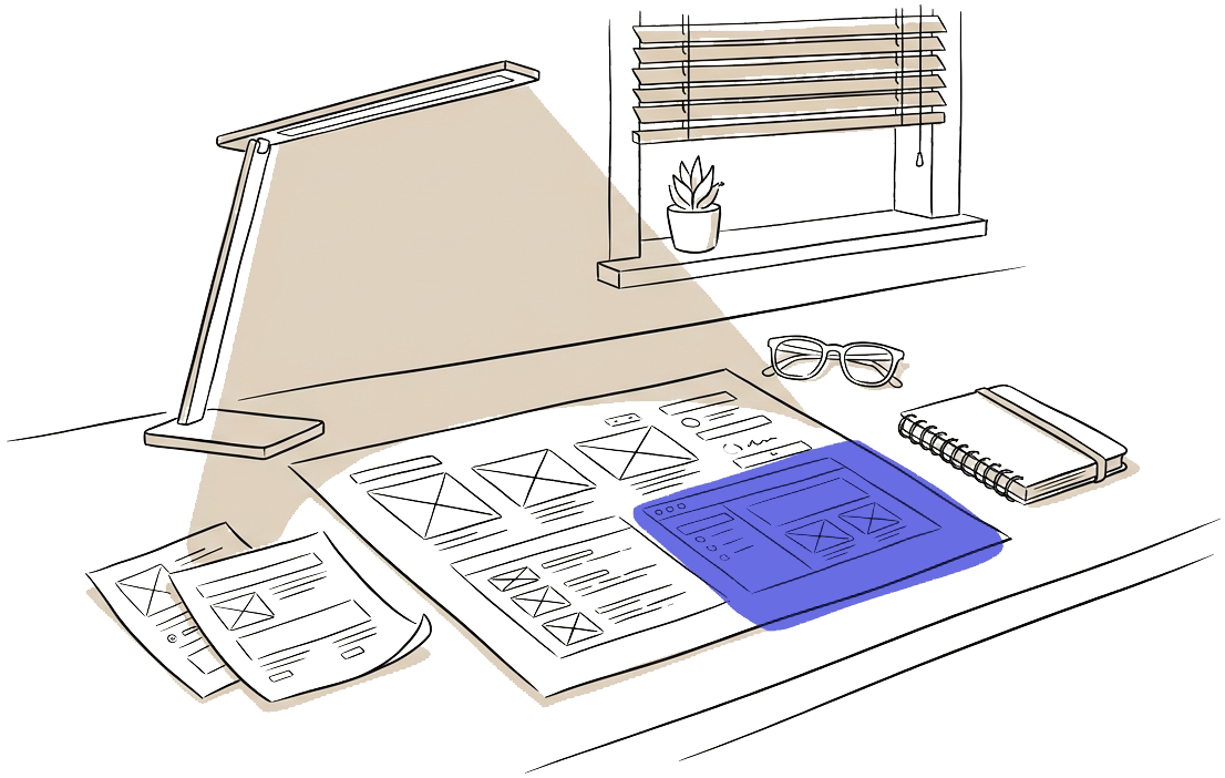 Desk, wireframes, night