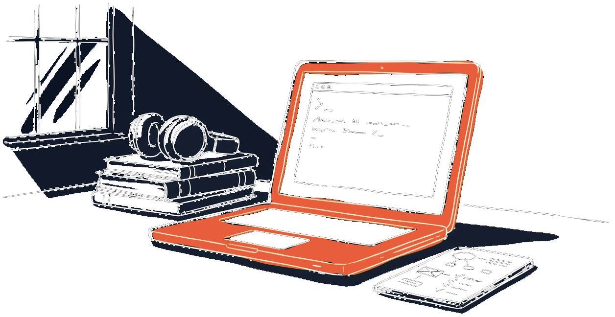 Laptop, books, headphones, window, notes