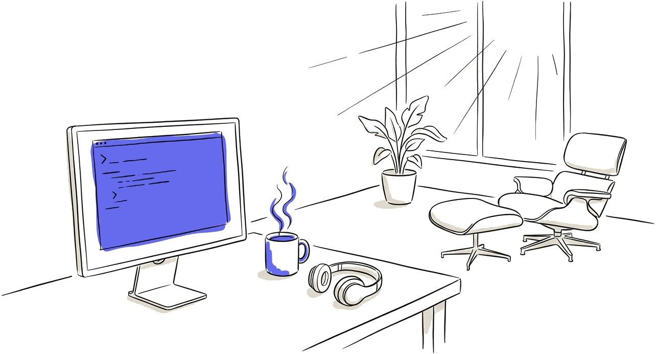 Office monitor, headphones, chair, window